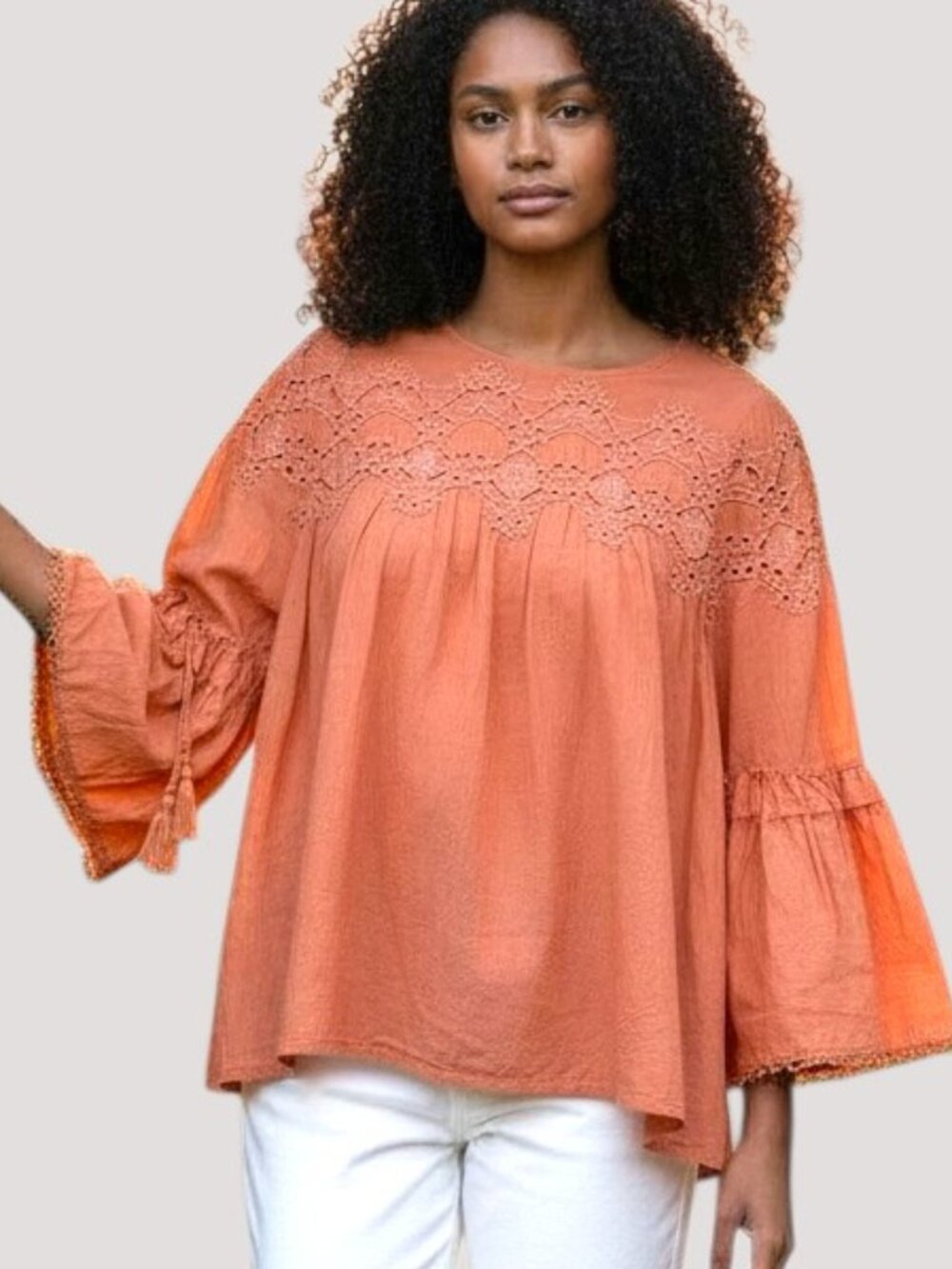 Penelope Rose Women's Coral Eyelet Blouse With Bell Sleeves Size M